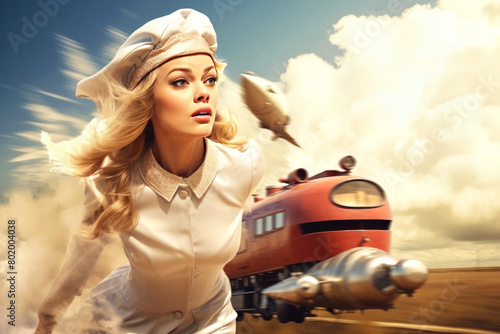 Captivating digital art of a woman in vintage attire, racing alongside a classic red train photo