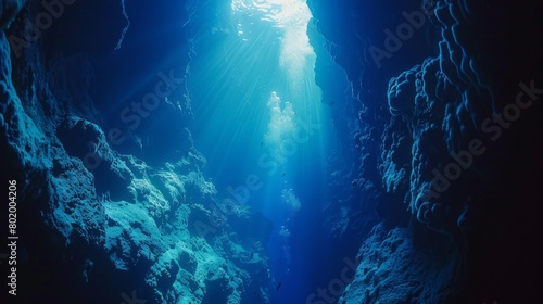 A deep blue ocean with sunlight shining through the water