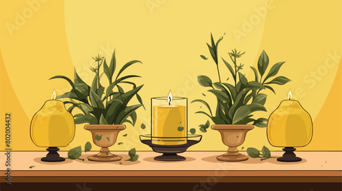Florarium with candles on table near yellow wall Vector © Tech