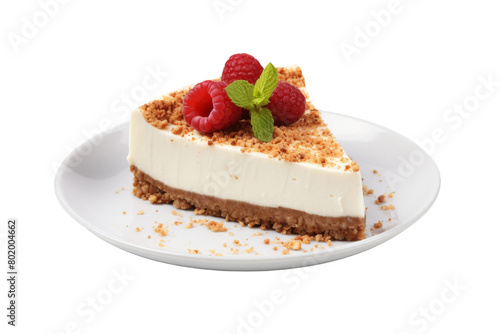 Delectable Delight: Heavenly Cheesecake With Fresh Raspberries. On a White or Clear Surface PNG Transparent Background.