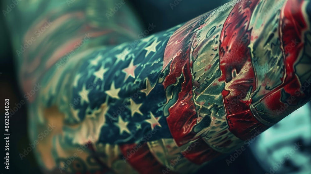 A creative depiction of an American flag tattoo, merging classic and modern motifs that reflect personal journeys and beauty, perfectly isolated for clarity