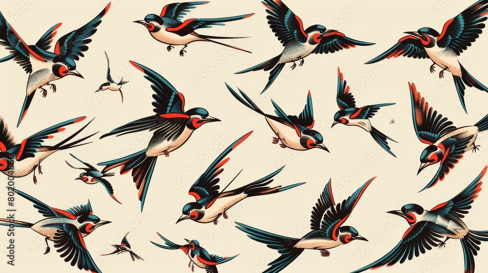 Fototapeta premium A collection of old-school tattoo designs, including bold swallows, set against a clean backdrop, highlighting the rich, solid coloring and stark outlines
