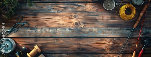 fishing tackle on a wooden background. selective focus