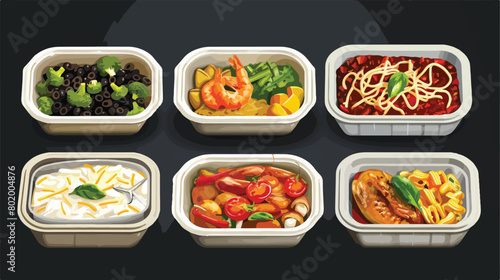 Foam plastic containers with delicious food on dark b