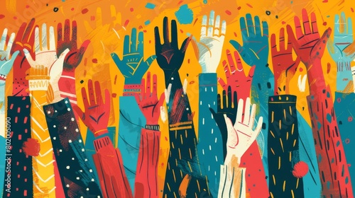 An illustration showcasing a collection of diverse and colorful hands raised up. Unity, participation, diversity, and the power of collective action in our multicultural society