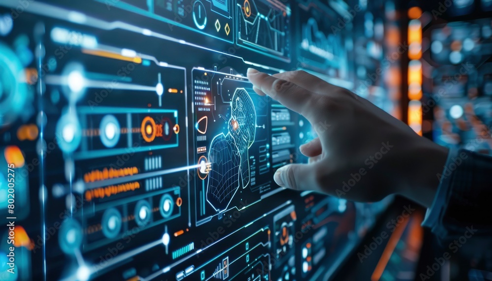 A person interacting with a futuristic graphical user interface with glowing elements. A person interacting with a futuristic graphical user interface with glowing elements.