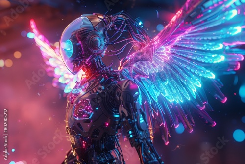 Cybernetic mechanical angel  featuring advanced technology and healing light. colorful glow representing different healing energies