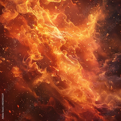 Create a striking digital illustration depicting a raging inferno at eye-level angle Show fiery reds, oranges, and intense heat in photorealistic detail