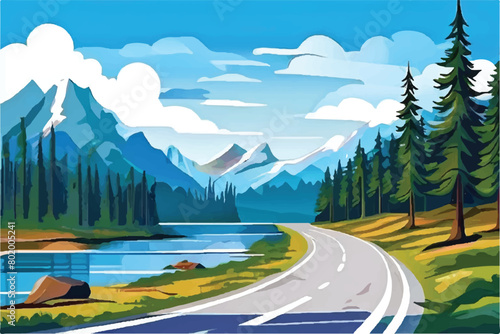 Mountain road in the mountains vector. Mountain landscape. Panorama of mountain with road and grassland. Road leading to mountains. sky. Vector Background.