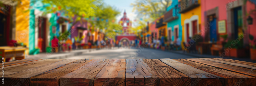 A blank rustic wooden table top with a colorful background of a blurred mexican street scene