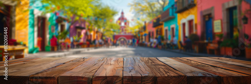 A blank rustic wooden table top with a colorful background of a blurred mexican street scene photo