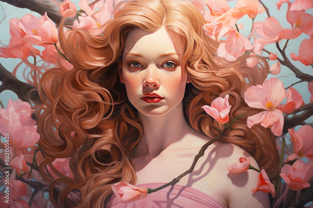 Ethereal digital art of a woman with flowing auburn hair amidst pink blossom