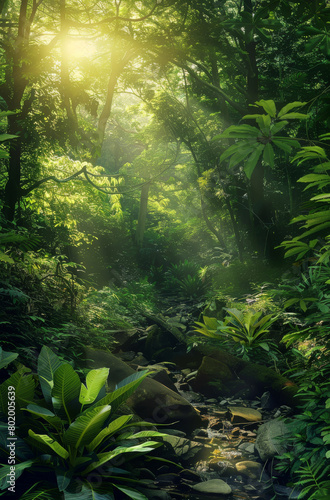 a stream running through a lush green forest