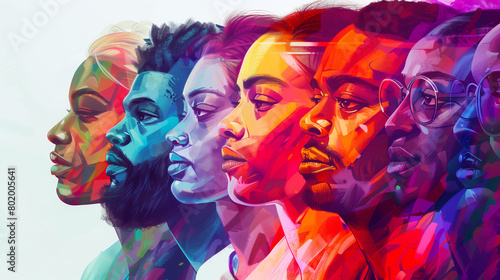 Vibrant Multi-Colored Portraits of Diverse Individuals. A striking digital artwork showcasing side profiles of five individuals in vibrant, multi-colored abstract style. photo