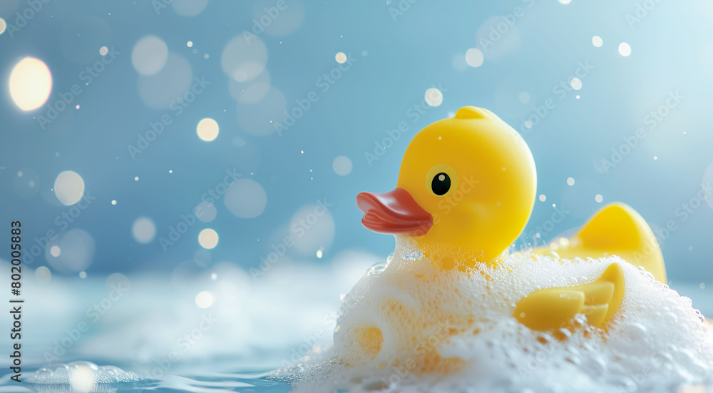 A duckling toy floats in the bathtub in water with foam close-up A duckling toy floats in the bathtub in water with foam close-up