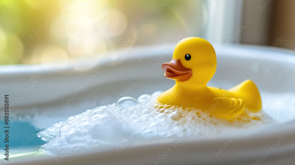 A duckling toy floats in the bathtub in water with foam close-up A duckling toy floats in the bathtub in water with foam close-up