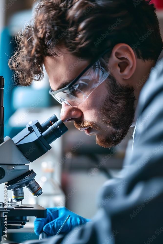 Scientist Intently Examining a Microscopic Discovery in a Laboratory Setting Scientist Intently Examining a Microscopic Discovery in a Laboratory Setting