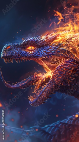 Create a striking side view illustration of a roaring dragon breathing fire