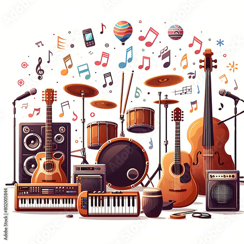 Happy world music day event and musical instruments with white background.