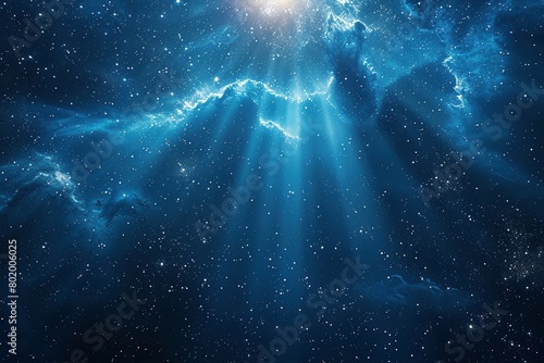 A cosmic spectacle: a deep blue expanse erupts with a brilliant flare of starlight, sending beams of light outward.