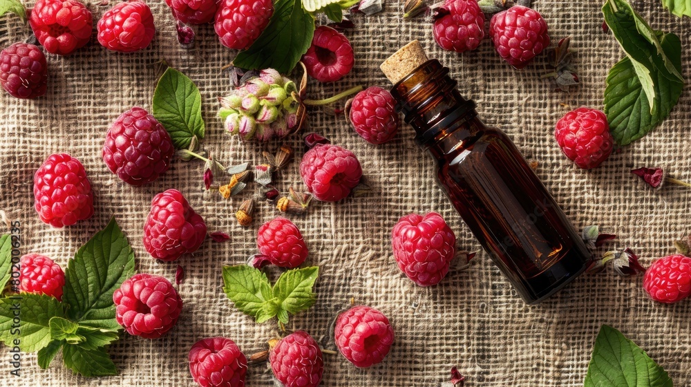 raspberry essential oil on burlap background