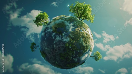 A digital image of the Earth floating above a body of water. There is a single tree growing on the Earth.   © Awais