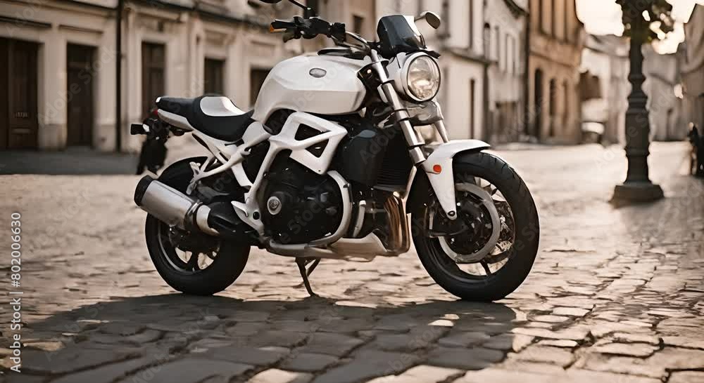 A white motorcycle is parked on a cobblestone street A white motorcycle is parked on a cobblestone street