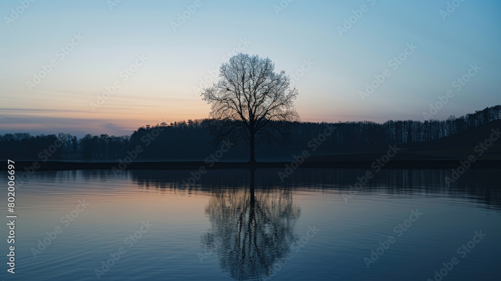 Solitude at Twilight: Silhouetted Tree by the Lake. Generative AI