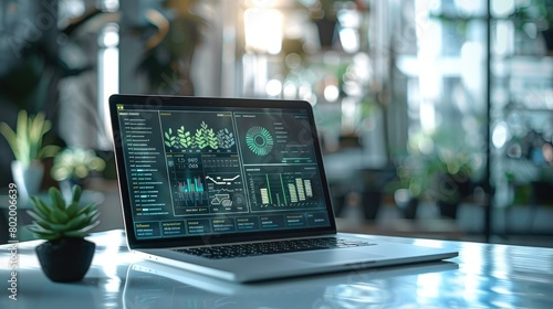 A laptop displaying virtual screens presenting energy efficiency ratings and benefits of incorporating energy recovery ventilation systems in building design. Generative AI. photo