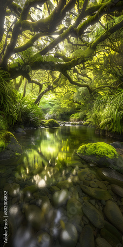 Floresta verde exuberante com um riacho cristalino