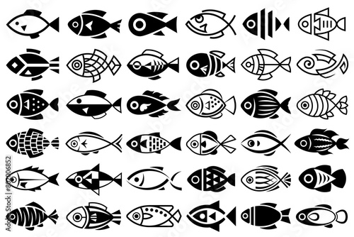 Fishes illustration set. Abstract decorated black and white fish icons. Stylized, decorative underwater creatures designs. Black geometric vector fishes isolated on white background.