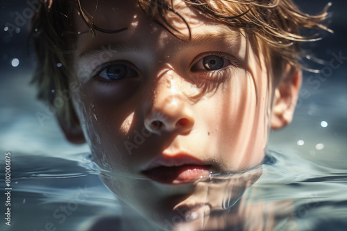Image of beautiful happy child swimming underwater in the pool generative AI