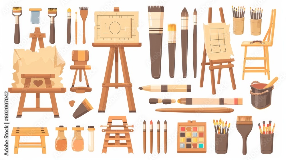 Painter craft supplies icon png cartoon set. Education equipment and accessory design. Simple canvas with creative sketch asset.
