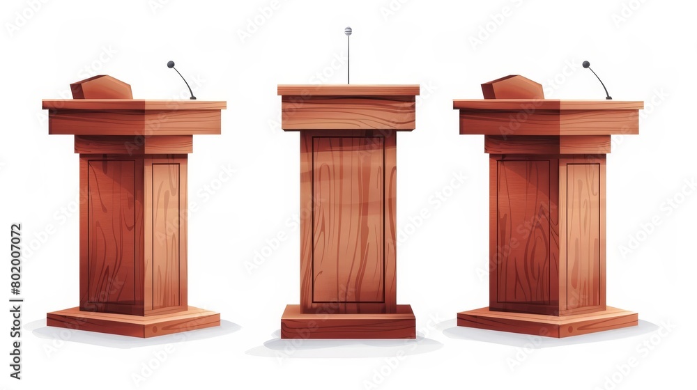Several wooden podiums isolated on a white background. Modern realistic illustration of a rostrum for a discussion, lecture, press conference, seminar speaker, presentation stage furniture with Several wooden podiums isolated on a white background. Modern realistic illustration of a rostrum for a discussion, lecture, press conference, seminar speaker, presentation stage furniture with
