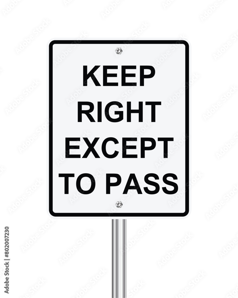 Traffic road sign Keep right except to pass on white Traffic road sign Keep right except to pass on white