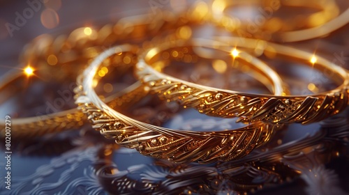 There are several gold colored metal bangles with intricate designs sitting on a dark surface.