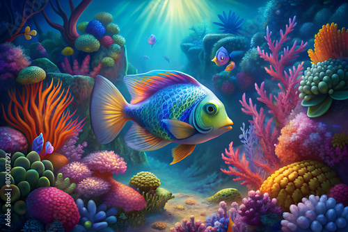 rainbow fish surrounded by beautiful coral