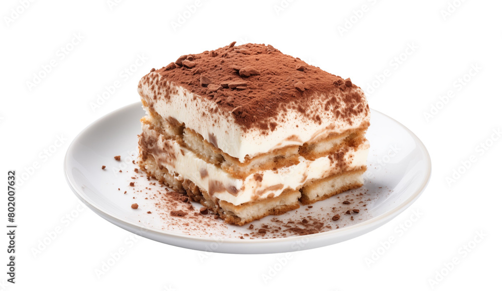 A delectable slice of tiramisu on a white plate, dusted with cocoa powder, against a transparent background. Generative AI A delectable slice of tiramisu on a white plate, dusted with cocoa powder, against a transparent background. Generative AI