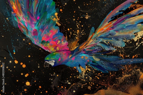 Neon colorful abstract painting in the style of liquid metal against a black background. The painting should evoke an ethereal and vivid parrot with fluid washes of color, representing abstraction-cr