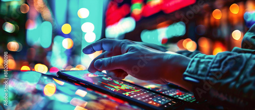 Man tapping on a tablet, large touch device. Close up image of a person using fintech software. Colorful blurred futuristic bright glowing lights around and in the background. Copyspace for your text. photo