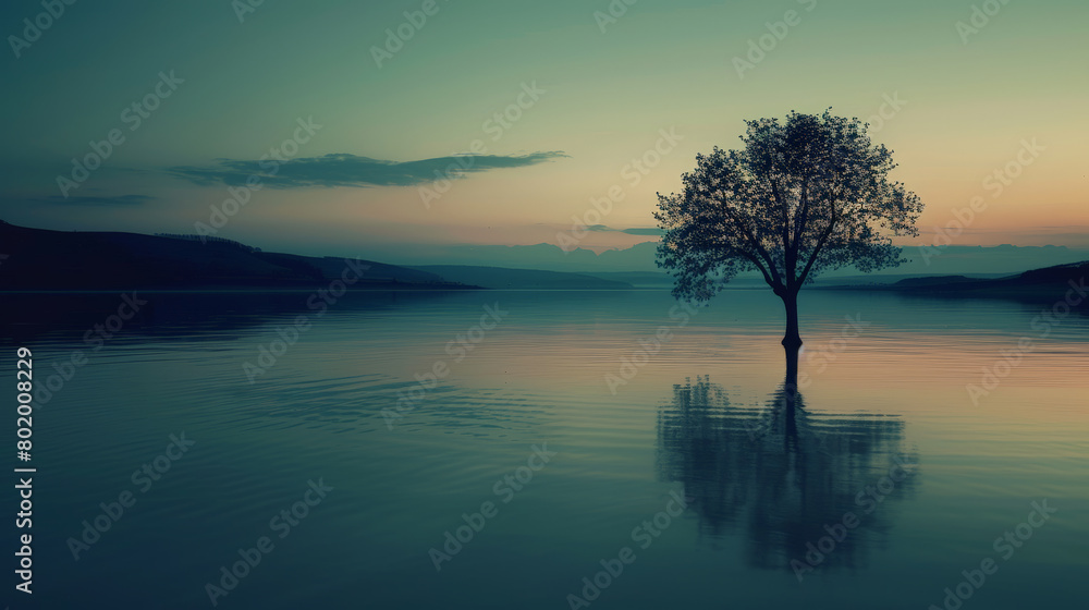 Solitude at Twilight: Silhouetted Tree by the Lake. Generative AI