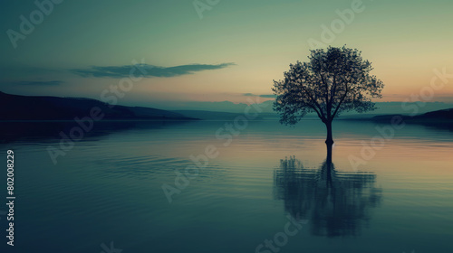 Solitude at Twilight: Silhouetted Tree by the Lake. Generative AI © Sascha