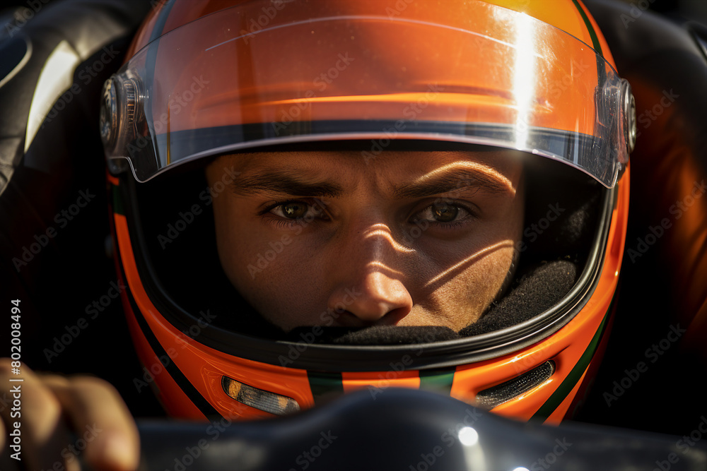 Generative AI image of ambitious car driver with helmet speed car race Generative AI image of ambitious car driver with helmet speed car race