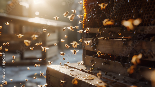 A swarm of bees flies around a wooden hive. View of the apiary at dawn. Bees collect honey photo
