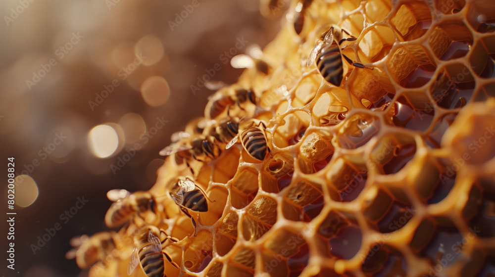 A close up of a honeycomb with bees on it. The bees are busy collecting nectar and pollen A close up of a honeycomb with bees on it. The bees are busy collecting nectar and pollen