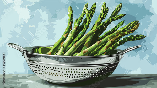 Fresh asparagus in colander on table Vector illustration
