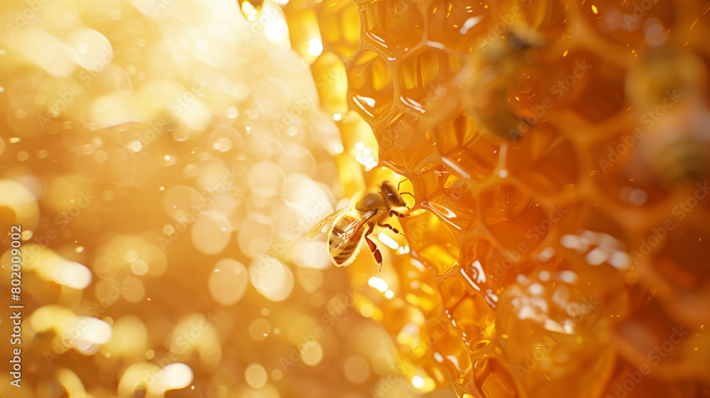 The bee flies in front of the honeycomb. The concept of beekeeping. Golden honeycomb The bee flies in front of the honeycomb. The concept of beekeeping. Golden honeycomb