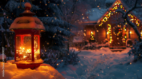 Christmas Lantern On Snow With Fir Branch in the Sunlight. Winter Decoration Background 