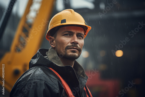 Generative AI picture Portrait of construction worker wearing a protective safety uniform clothes helmet at big building photo