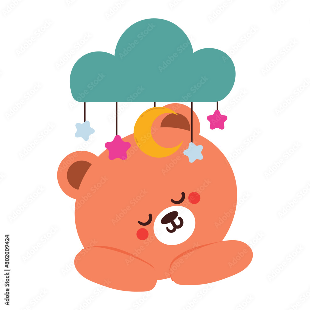 Fototapeta premium cute cartoon bear sleeping under stars and blue clouds. cute animal doodle sticker